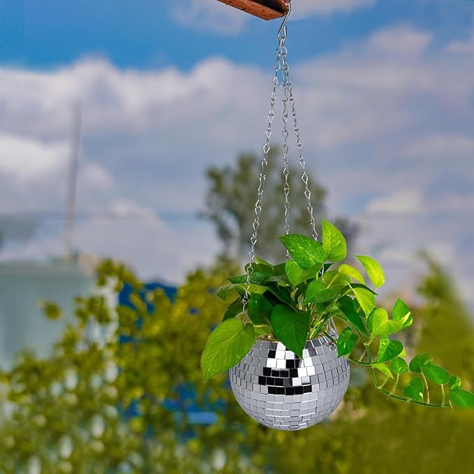 Disco Ball Planter, 6" Disco Planter with Hanging Chain & Hook & Ring Stand, Disco Ball Plant Hangers for Indoor and Outdoor Plants, Hanging Plant Holder(Silver, 1 Pack 6")