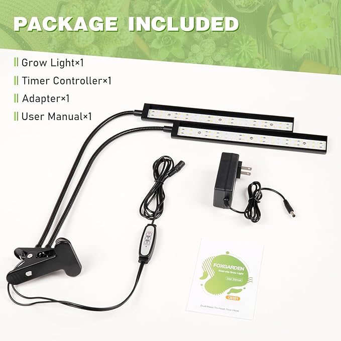 FOXGARDEN® Grow Light Full Spectrum, Dual Head Plant Lights for Indoor Growing with Flexible Gooseneck, 104 LEDs Clip Grow Lamp with 4/8/12H Timer, 4 Brightness Levels, Ideal for Indoor Growth