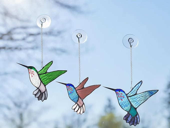 Lolitarcrafts Stained Glass Hummingbird Window Hangings with Flowers, Bird Stained Glass Suncatcher for Window Decor Hummingbird Gifts for Mom,Bird Lovers (Blue A)