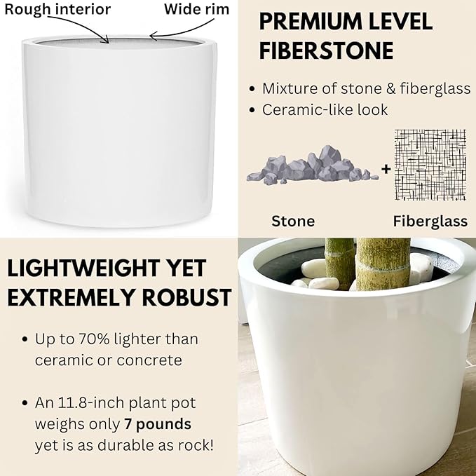 Fox & Fern Large 12 Inch Planter — Premium Lightweight Fiberstone Glossy White Plant Pot; Drainage Plug; Large Indoor & Outdoor Floor Planter; 12 Inch Pots for Plants; Weather Resistant & UV Resistant