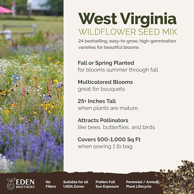 Eden Brothers West Virginia Wildflower Mixed Seeds for Planting, 1 lb, 480,000+ Seeds with Cornflower, Lupine | Attracts Pollinators, Plant in Spring or Fall, Zones