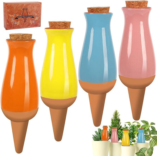 4 Packs Plant Watering Globes, Self Watering Planter Insert, Clay Plant Watering Devices, Self Watering Pots for Indoor Plants, Automatic Watering Bulbs Drip Irrigation Stake for 1 Week Easy to Refill