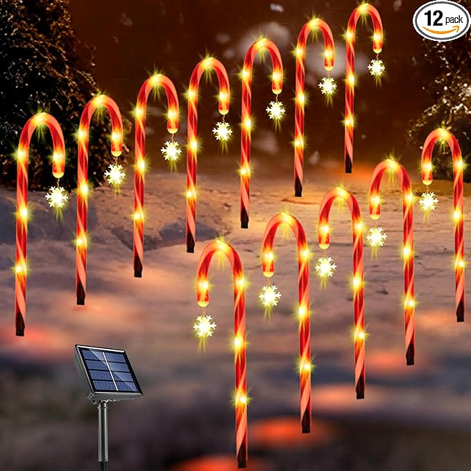 12Pack Christmas Candy Cane Lights Outdoor Decorations Solar Pathway Lights with Snowflake for Yard Waterproof Street Driveway Markers Lawn Walkway Garden Indoor Decor 2in1 Solar Powered