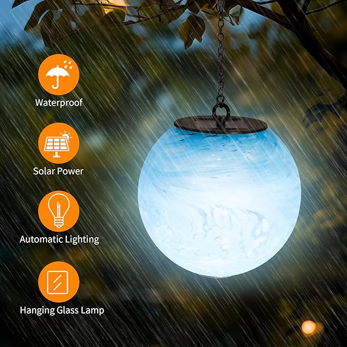 VCUTEKA Solar Chandelier Outdoor, Hanging Glass Solar Light with Hook Up, Garden Lanterns Decor for Yard, Tree and Patio, Blue