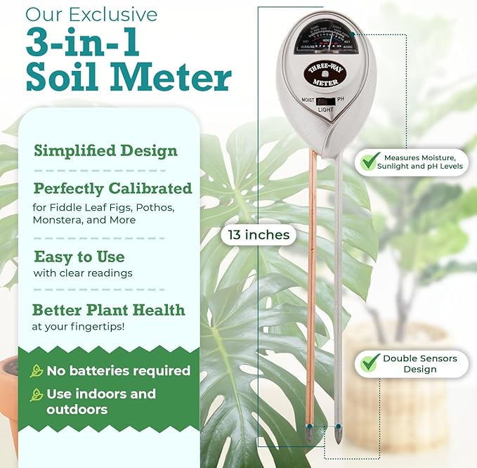 3-in-1 Soil Meter Optimize Plant Health with Moisture, Light & pH Testing