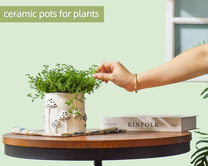 5 Inch Plant Pots Indoor, Unique Ceramic Pots for Plants with Drainage Hole, Cute Flower Pots for Indoor Plants, White Mushroom Planter Modern Decorative for Home Patio Garden