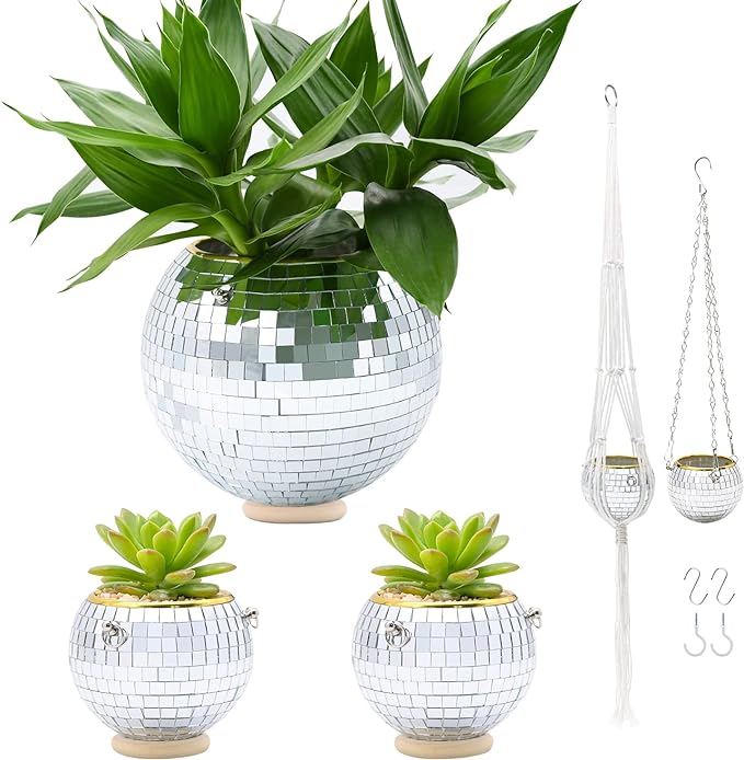 Disco Ball Planter, 8"+2×4" Planter, Silver Planter, Disco Ball Plant Hanger with Hanging Rope, Hanging Chain, Hook, Circle and Extra Mirror Pieces (8"+2×4" Silver)