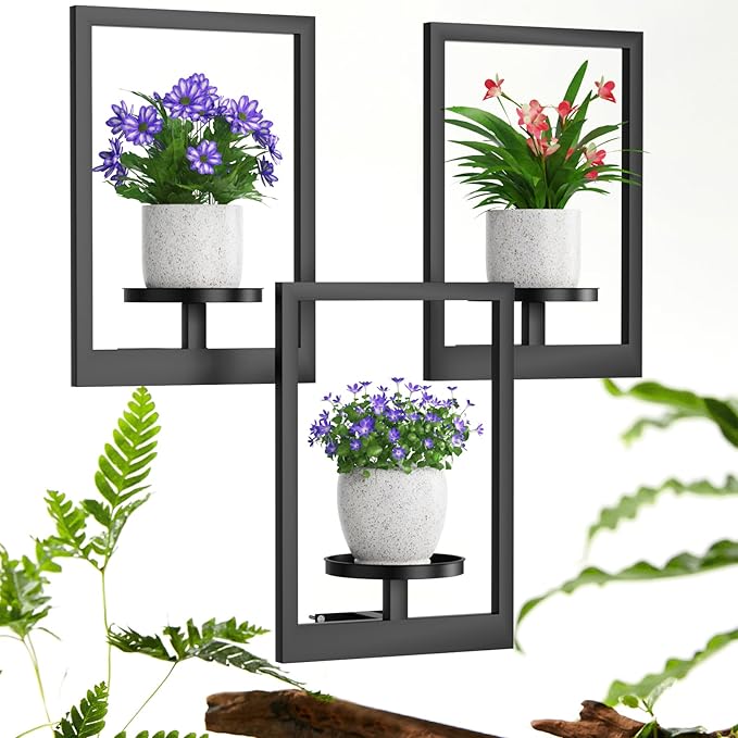 Picture Frame Wall Plant Holder, Metal Window Plant Shelves Plant Holder for Indoor Plants, Hanging Wall Planters Wall-Mounted Plant for Home, Office, and Garden (Black, 3PCS)