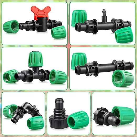 20 Pieces Drip Irrigation Fittings for 1/2 Inch Drip Tubing (1/2" ID x 0.65" OD)：1/2'' Irrigation Tubing Connectors Including Couplings Tees Elbows Valves Reducing Tee Plugs 3/4" Adapters