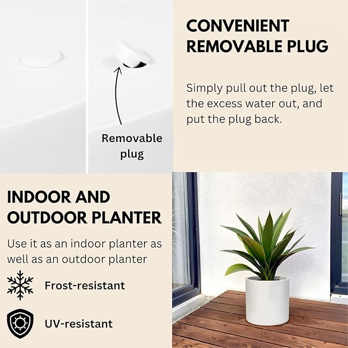 Fox & Fern Large 12 Inch Planter — Premium Lightweight Fiberstone Matte White Plant Pot w Drainage Plug; Large Indoor & Outdoor Floor Planter; 12 Inch Pots for Plants; Weather Resistant & UV Resistant