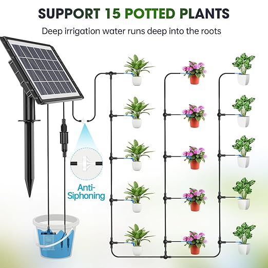 Drip Irrigation System - Skycow Solar & USB Power Automatic Drip Irrigation Kit System 15 Potted Indoor Outdoor Garden Balcony Anti-Siphoning Plant Watering System 25 Timing Mode (Non-Digital Screen)