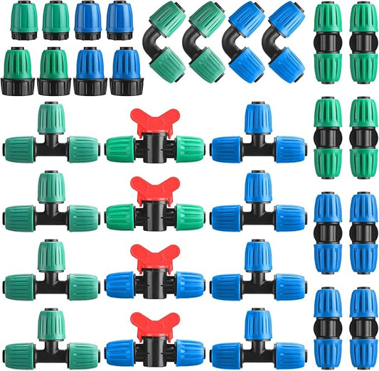 32 Pcs 1/2" Tubing Irrigation Fittings Kit 1/2" ID x 0.6-0.63" OD 16 mm Drip Irrigation Barbed Connectors 4 Switch Valves, 8 Tees, 8 Couplings, 4 Elbows, 4 Ends, 4 Adapters (Blue, Green)