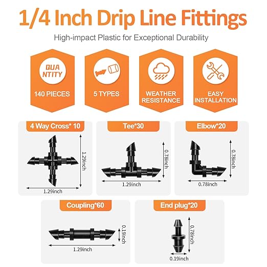 1/4 Inch Drip Irrigation Fittings, 140 Pieces Kit 1/4 Inch Tubing Connectors Includes Couplings Tees Elbows Crosses Plugs Drip Line Quick Connect Barbed Connectors