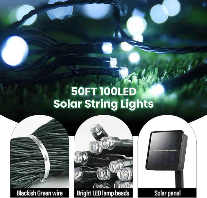 Solar String Lights for Outside,50ft Solar Lights Outdoor Waterproof 100 Led Solar Fairy Lights 8 Lighting Mode Solar String Lights Idea for Garden,Courtyards,Trees(Cool White)