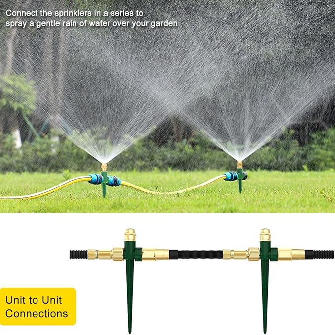 FANHAO 2 Pack Metal Lawn Sprinkler for Yard, Automatic Garden Water Sprinkler on Spike Base, Adjustable Brass Sprinkler Nozzle 360 Degree Large Area Coverage for Lawn Grass Patio Garden Irrigation