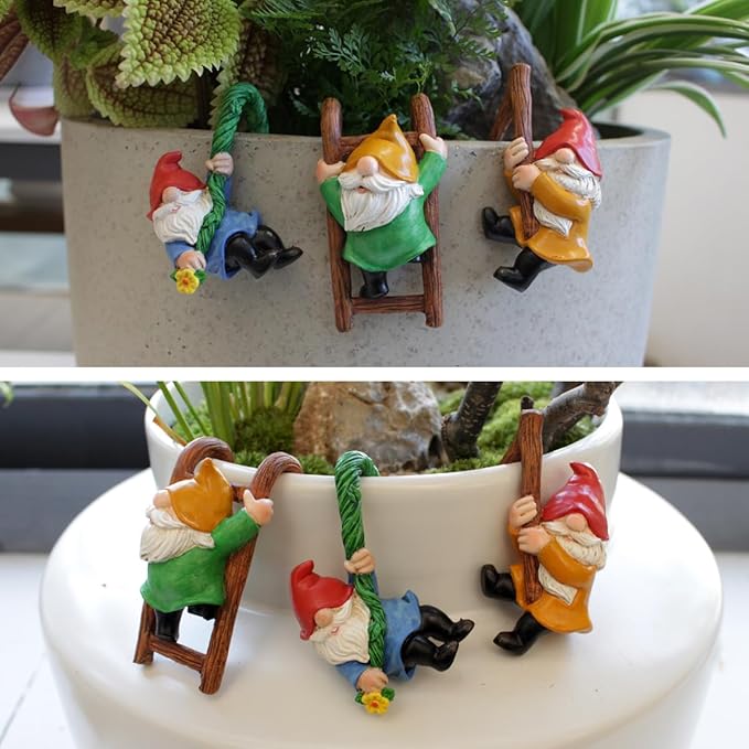 Set of 3 Cute Climbing Gnome Figurines Flower Pot Hugger, Resin Hanging Gnomes Statue Outdoor Decor Fence Ornaments for Patio Lawn Garden Yard