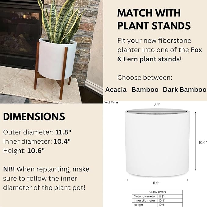 Fox & Fern Large 12 Inch Planter — Premium Lightweight Fiberstone Matte White Plant Pot w Drainage Plug; Large Indoor & Outdoor Floor Planter; 12 Inch Pots for Plants; Weather Resistant & UV Resistant
