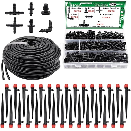 100FT 1/4" Drip Irrigation System Kit, Automatic Watering System, DIY Automatic Irrigation Equipment Set for Greenhouse, Garden, Yard, Lawn Q-064-set