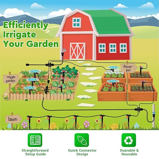 223FT Drip Irrigation Kit, Drip Irrigation System Kit with Adjustable Misting Nozzle Sprinkler, Tubing and Connectors, Watering for Garden, Flower Beds, and Potted Plants