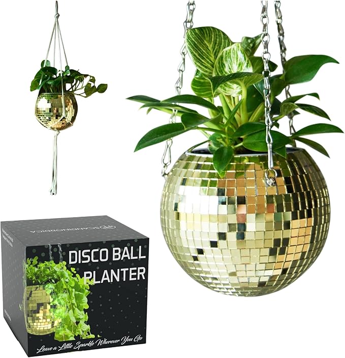 SCANDINORDICA Disco Ball Planter – Value Package: Mirror Disco Planter with Chain, Macrame Hanger and Acrylic Stand for Desk, Includes Self Watering Insert, Retro Decor | 6 inch Gold