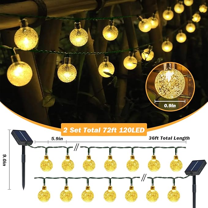 Solar Lights Outdoor Waterproof, 2 Pack Total 120LED 72FT Solar String Lights for Outside w/ 8 Modes, Outdoor String Lights Crystal Globe Patio Lights for Garden Yard Party Decor (Warm White)