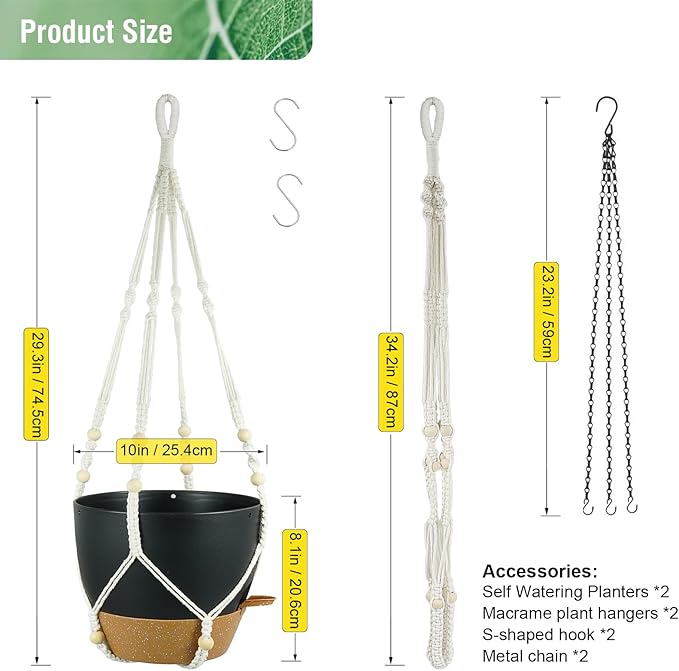 Self Watering Hanging Planters 10 inch, 2 Pack Hanging Flower Pots for Indoor Outdoor Plants, Hanging Baskets with Drainage Holes & 2 Kinds of Plant Hangers for Garden Home Decor, Black Brown