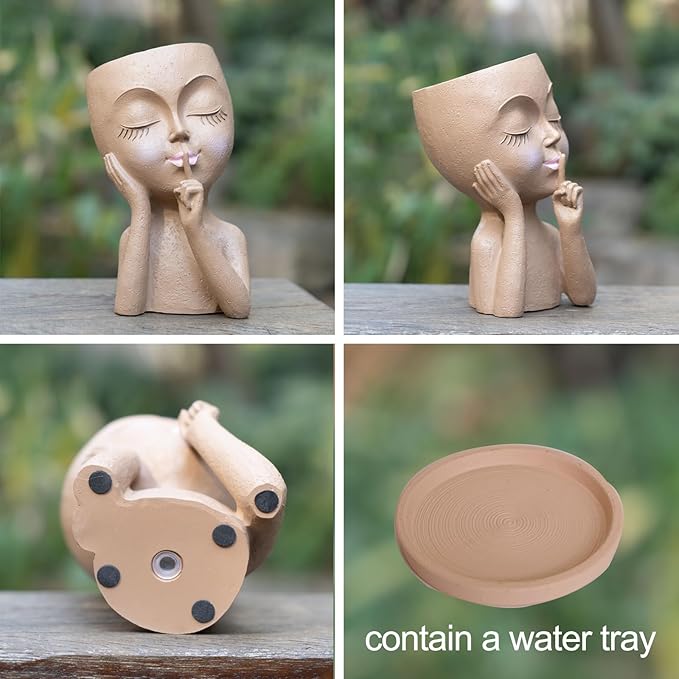 Face Planter Pot Head Planters, Lady Heads Flowerpot, Cute Girl Faces Plant Pot, Quiet Women Succulent Pots for Indoor Outdoor Plants, Modern Vase with Drainage