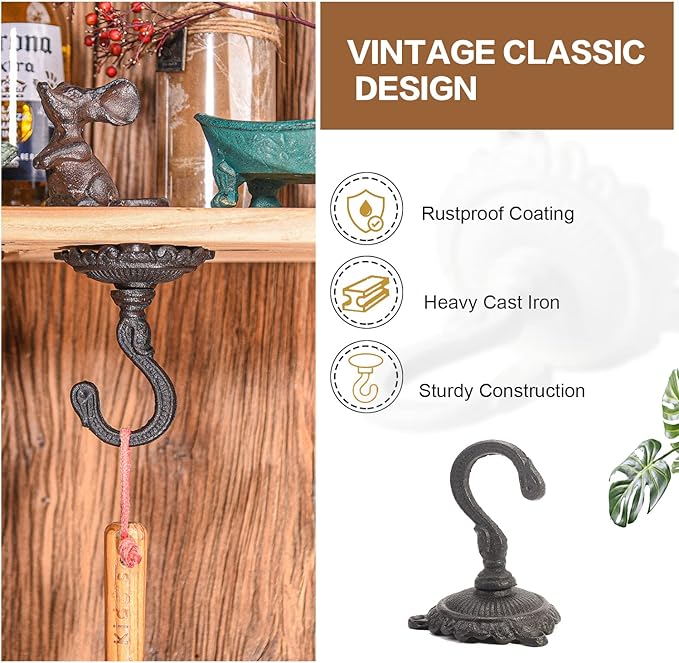 Sungmor Heavy Duty Ceiling Hooks for Hanging Plants, 2PC Black 3.5x3.9Inch Large Cast Iron Ceiling Hooks, Antique Decorative Ceiling Swag Hooks for Hanging Planter Chandelier Wind Chime Lantern Hanger