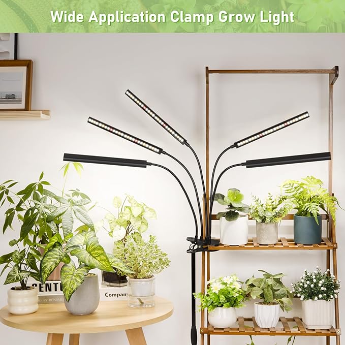 FOXGARDEN® Grow Lights for Indoor Plants Full Spectrum, Plant Lights for Indoor Growing with Timer 4/8/12 H, Five-Head 260 LED Clip Grow Lamp with Gooseneck, 4 Brightness Levels for Plant Growing