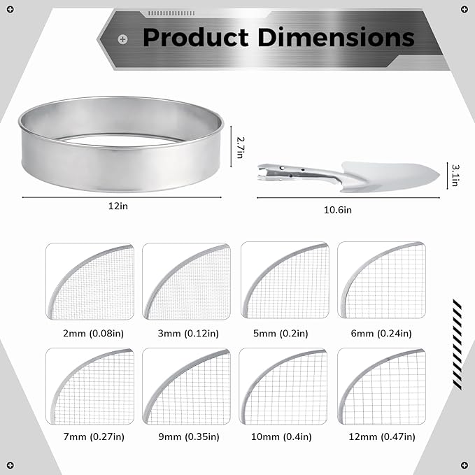 10 PCS Soil Sieve Set, Garden Potting Soil Sifter, 12 Inches Stainless Steel Riddle Sieve, Fine Mesh Soil Sieve, Soil Shovel and 8 Interchangeable Filter Mesh Sizes 2, 3, 5, 6, 7, 9, 10, 12mm