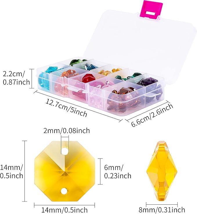100 Pcs Glass Octagon Crystal Beads 14mm Colorful Crystal Chandelier Parts Replacement Beads DIY Lamp Hanging Pendant Suncatcher Beads