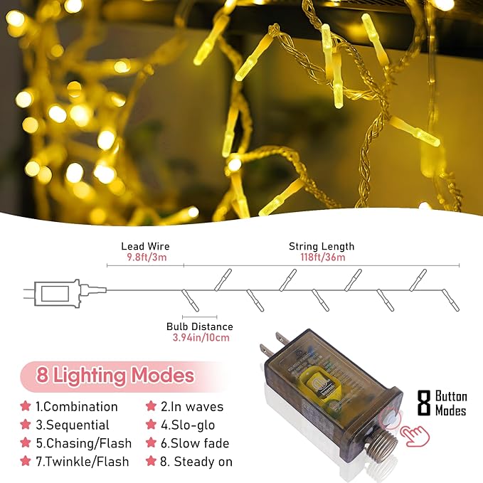 Heceltt 360 LED 118 FT String Lights Outdoor, 8 Modes Warm White Christmas Lights Plug in, IP44 Waterproof Led String Lights with Timer and Memory for Xmas Tree Yard Party Garden Decorations