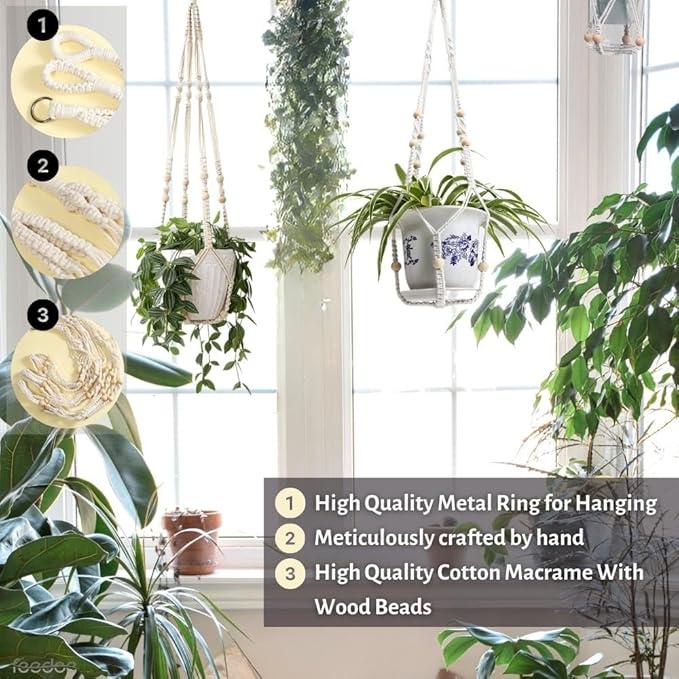 3 Pack Macrame Plant Hanger, Hanging Planters for Indoor Plants Holder With Wood Beads, No Tassels Hanging Plant Holder 3 Hooks, Different Size Boho Plant Hanger, Home Decor, Ivory (POTS NOT INCLUDED)