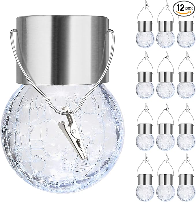 MAXvolador 12-Pack Hanging Solar Lights, Decorative Cracked Glass Ball Light, Solar Powered Waterproof Globe Lighting for Garden, Tree(Cool White)