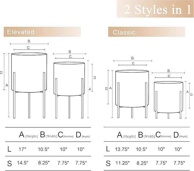 ARNIS Modern Planter Pots, Set of 2 Large Planters with Stand, Decorative Planters, Metal Pots with Drainage Holes for Living Room, Office, Garden or Balcony, 8.25 &10.5 Inch, Matte Black