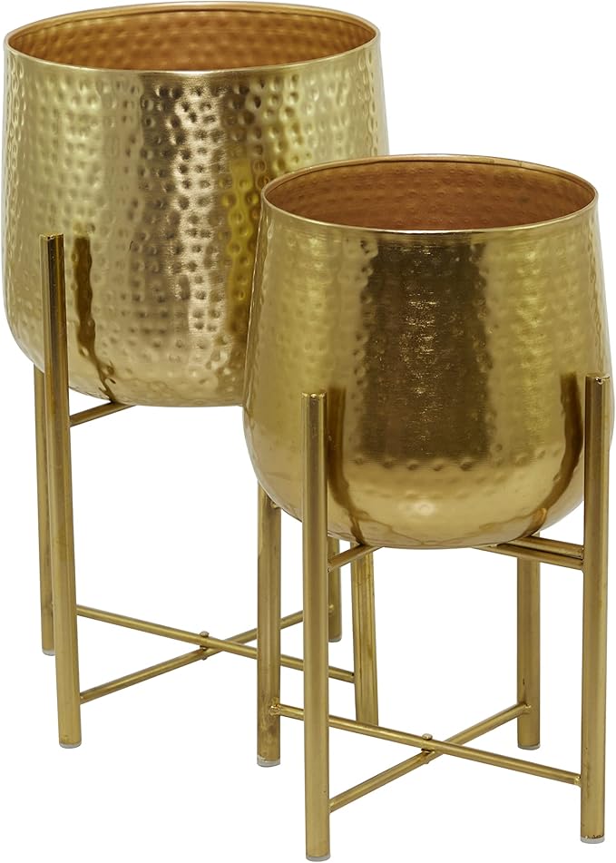 CosmoLiving by Cosmopolitan Metal Indoor Outdoor Planter Deep Recessed Hammered Dome Large Planter Pot with Removable Stand, Set of 2 Planters 17", 19"H, Gold