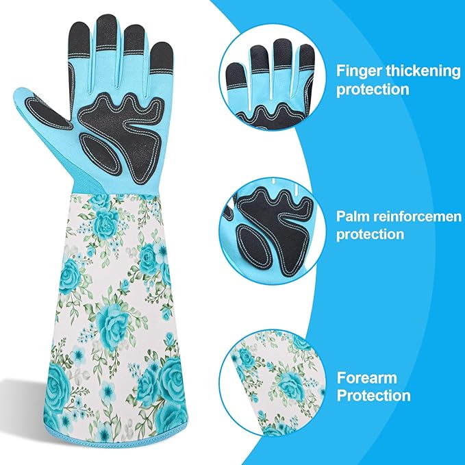 DLY Gardening Gloves for Women, Rose Gloves Gardening Thorn Proof, Long Garden Gloves for Women, Breathable & Durable Leather Gauntlet (Medium, Light Blue)