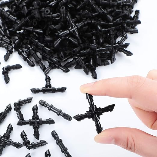 200 Pieces Drip Irrigation Fittings Kit for 1/4 Inch Tubing, 50 Straight Barbs, 50 Tees, 50 Elbows, 50 4-Way Couplings, Barbed Connectors with Plastic Box for Garden Lawn Drip, Sprinkler Systems,Black