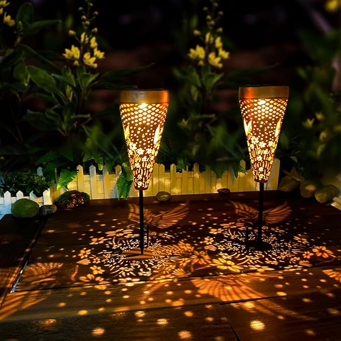 DIBIEECN 2 Pack Hummingbird Solar Pathway Lights Outdoor,Metal Garden Decorations Outdoor Lights with Patterns and Warm Light,Waterproof Landscape Lighting for Path Patio Backyard Walkway Yard