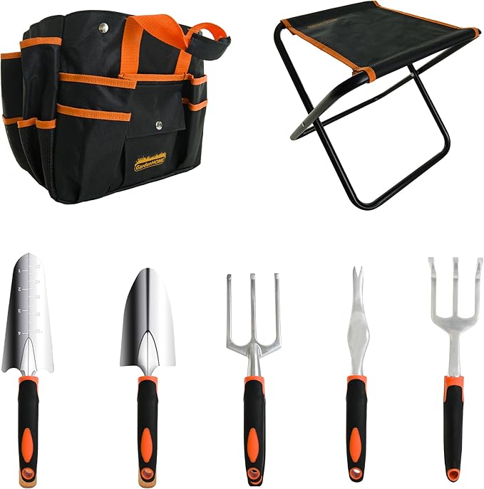 Gardening Tool Set, Stainless Steel 7-Piece Gardening Tools with Heavy-Duty Folding Stool and Detachable Canvas Tote Bag, Black and Orange, Ideal Gardening Gifts for Women and Men