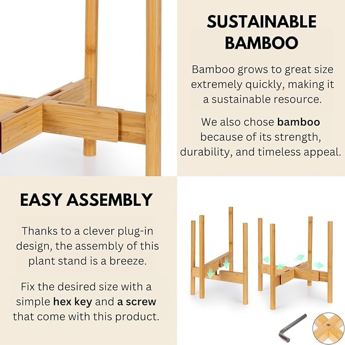 Fox & Fern Adjustable Plant Stand Indoor — 8 to 12 Inch Mid Century Modern Plant Stand with Adjustable Width; Plug In Design; Easy to Assemble; Two Height Options - For 8, 9, 10, 11 & 12 Inch Pots