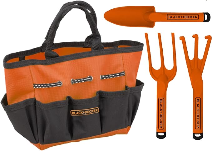 Black & Decker Four Piece Gardening Hand Toolset for Kids – Garden Tool Bag That Holds Plastic Hand Tools