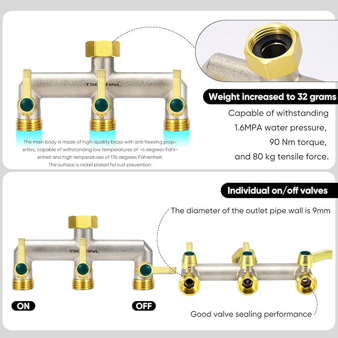 Garden Hose Splitter, 3-Way Faucet Diverter with 3 Extended Metal Handles, Outdoor Hose Splitter, Heavy Duty Brass Nickel Plated, GHT 3/4-Inch Heavy Duty Hex Female Inlet and 3/4-Inch Male Outlet