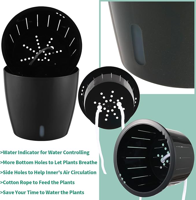 Planterhoma 5 Inch Self Watering Pots for Indoor Plants, 6 Packs African Violet Pots with Water Indicator and Black Wick Pots, Self Watering Planters for Devil's Ivy, Indoor Plant Pots, Black