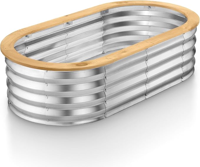 Galvanized Raised Garden Beds Outdoor // 4×2×1 ft Planter Raised Beds for Gardening, Vegetables, Flowers // Large Metal Garden Box (Silver and Light Fir) // Patented Tool-Free Design