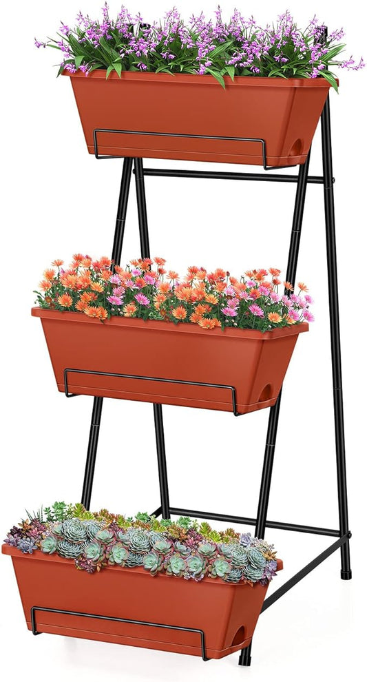 Vertical Raised Garden Bed Outdoor 3 Tiered Garden Planters Standing Elevated Planter Box with Drainage Holes for Plants Herbs Flowers Vegetables Brick Red