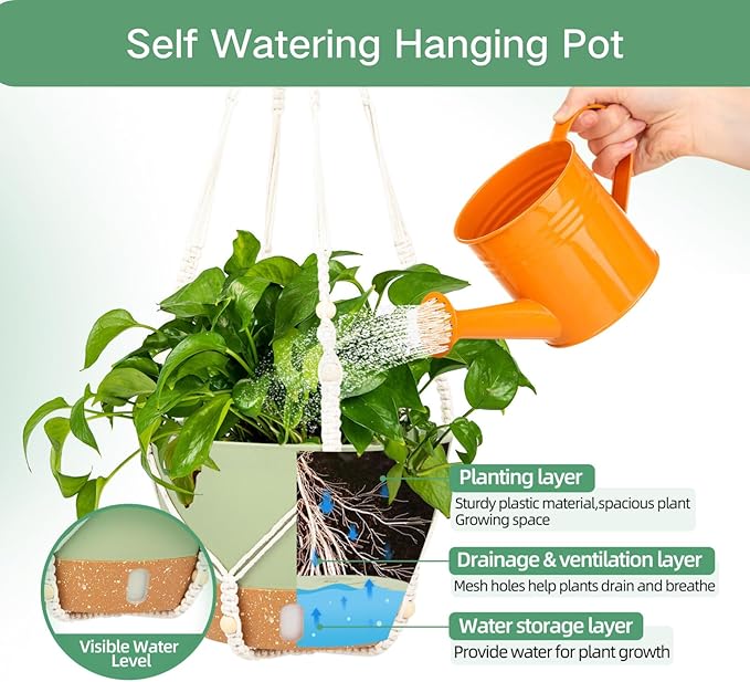 QCQHDU 2 Pack Hanging Planters for Indoor Plants, Outdoor Hanging Baskets, Self Watering Pots with Drainage Holes & Removable Tray (Green, 8 inch, Macrame Hanger)