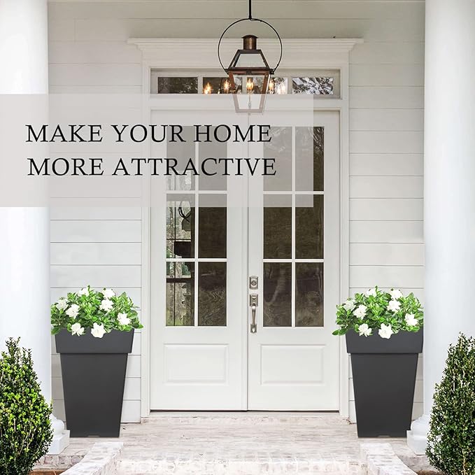 kubvici Tall Planters for Outdoor Plants, 20 Inch Movable Drainage Large Indoor Planters, Set of 2 Plastic Planters for Front Porch Door Garden Balcony Deck, Dark Gray 20"