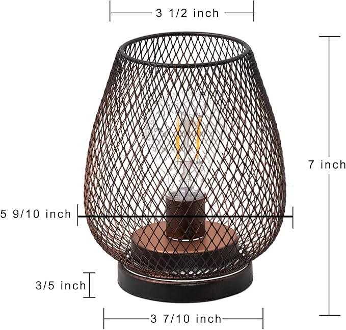 DECORKEY Set of 4 Battery Operated Lamp LED Table Lantern, Brown Metal Cage Cordless Lamps with LED Bulb，Vintage Decorative Outdoor Lantern for Weddings, Parties, Patio, Events for Indoors Shelf Decor