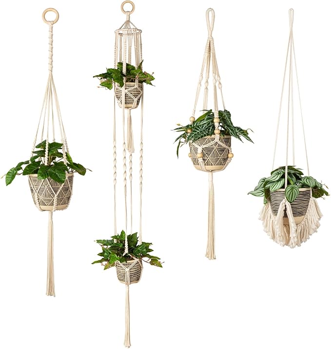 ANROYE Macrame Plant Hanger for Indoor Set of 4, Bohemian Hanging Planter with Tassels for Flower Pot, Boho Decorative Houseplant Rope Holder for Home Decor Bedroom Window Farmhouse